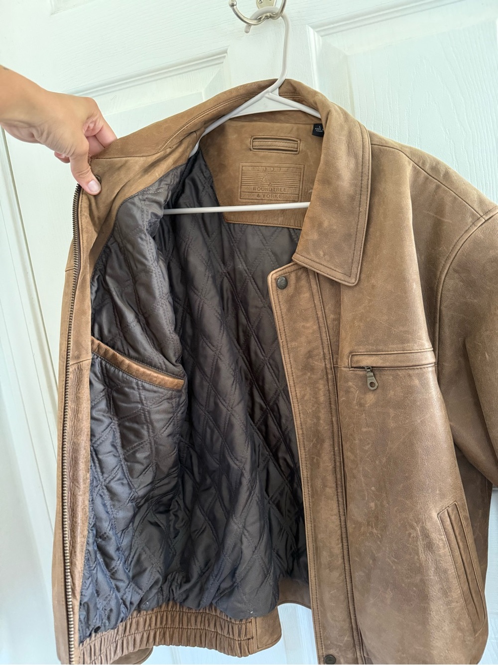 Roundtree & Yorke Genuine Leather Bomber Jacket Men’s L Brown Distressed Flight - Picture 6 of 7